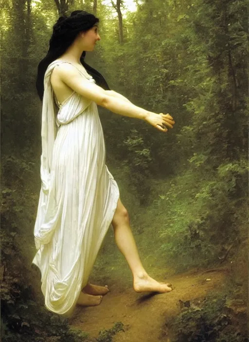 Image similar to a woman with long flowing hair and a flowing white dress in a forest by robert mccall, william - adolphe bouguereau