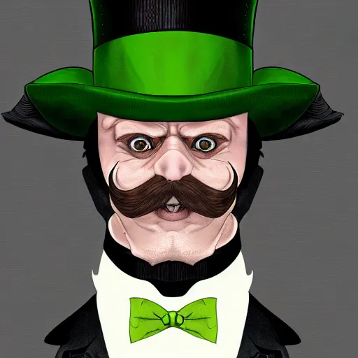 Image similar to a cartoonishly evil goblin, supervillain, top hat and luxurious moustache, green skin d & d character portrait, victorian clothing, digital art, 8 k,