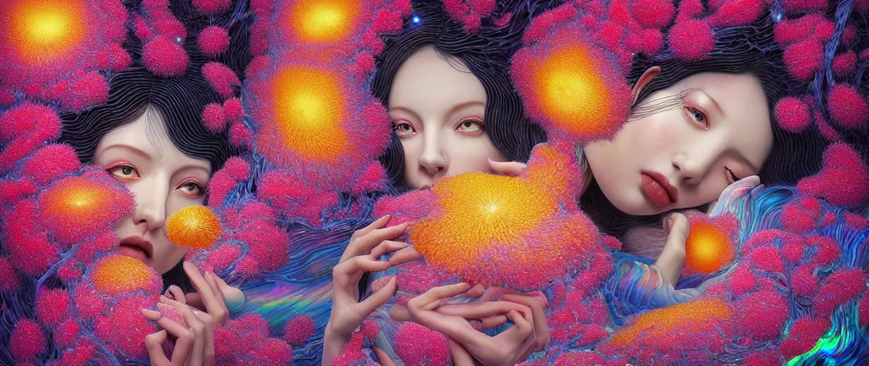 Prompt: hyper detailed 3d render like a Oil painting - kawaii portrait Aurora (black haired fairy laying back) seen Eating of the Strangling network of yellowcake aerochrome and milky Fruit and Her delicate Hands hold of gossamer polyp stamen blossoms bring iridescent fungal flowers whose spores black the foolish stars by Jacek Yerka, Mariusz Lewandowski, Houdini algorithmic generative render, Abstract brush strokes, Masterpiece, Edward Hopper and James Gilleard, Zdzislaw Beksinski, Mark Ryden, Wolfgang Lettl, hints of Yayoi Kasuma, octane render, 8k