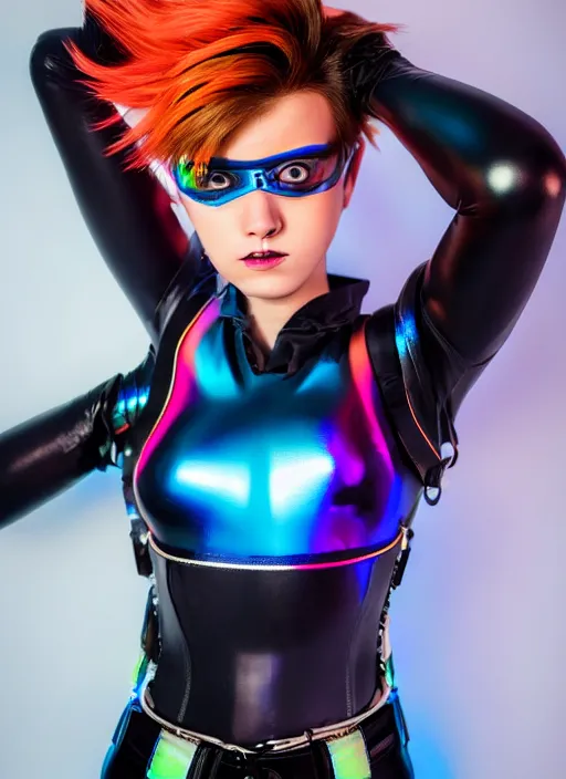 Prompt: realistic photo portrait of tracer overwatch, confident pose, wearing black iridescent rainbow latex, rainbow, neon, 4 k, expressive surprised expression, makeup, wearing detailed black leather collar, wearing sleek armor, studio lighting, black leather harness, expressive detailed face and eyes,