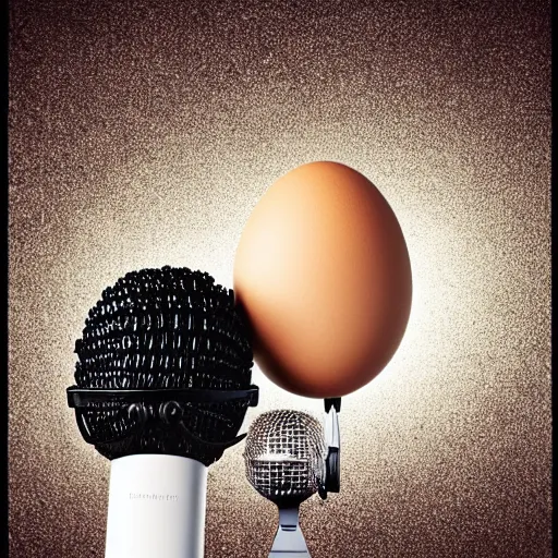 Prompt: a photograph of an egg wearing a black curly wig with a microphone 3 feet away, hd