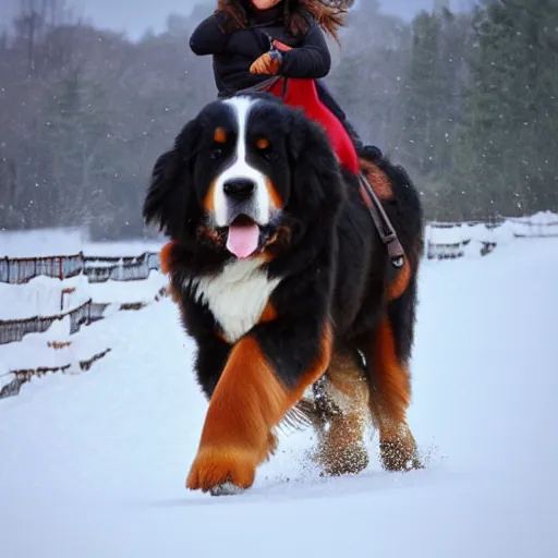 Image similar to girl riding giant Bernese Mountain Dog in the snow, trending on artstation