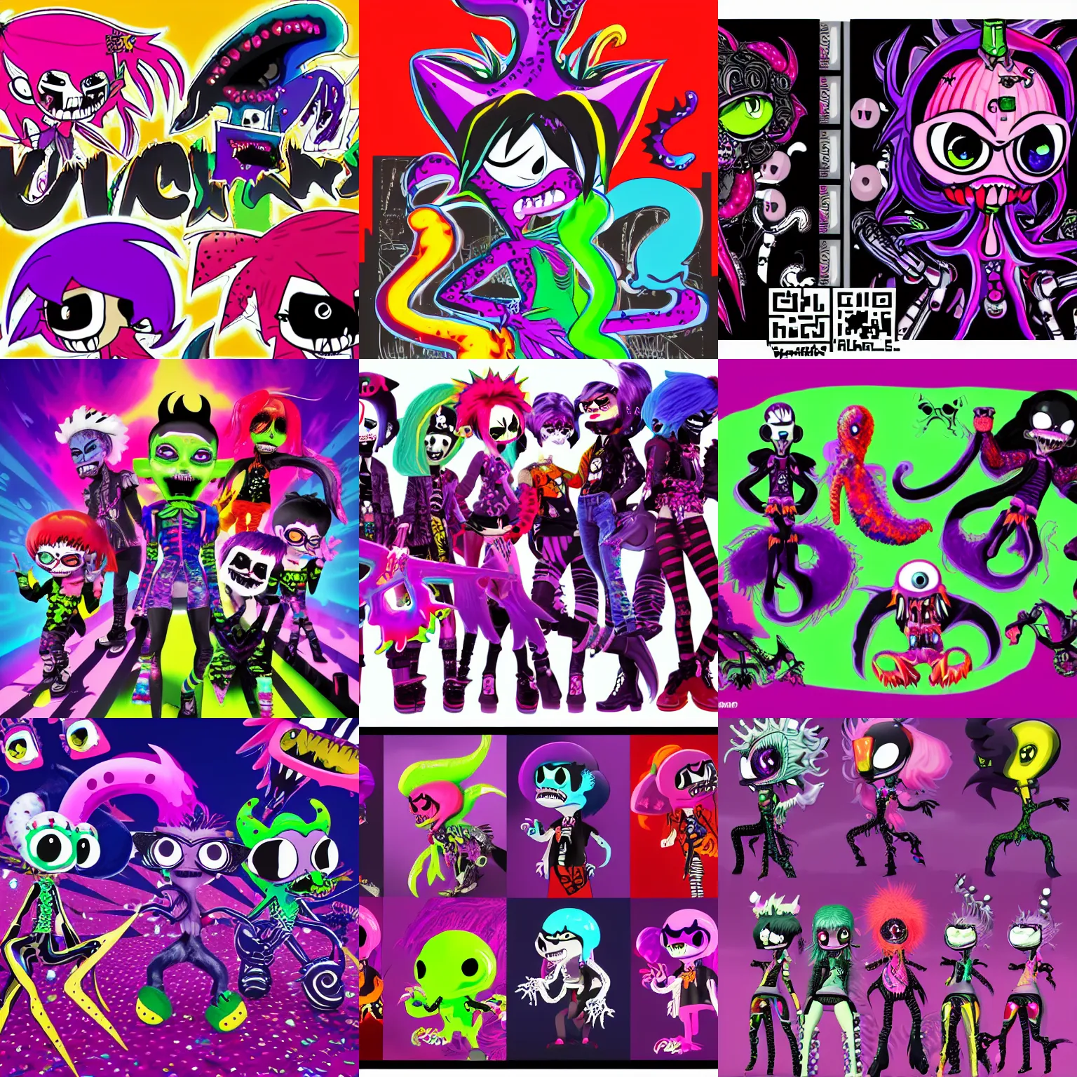 Prompt: CGI lisa frank gothic punk vampiric electrifying vampiric squid character designs of varying shapes and sizes by the splatoon art directors from nintendo and Jamie Hewlett from gorillaz high resolution, rtx