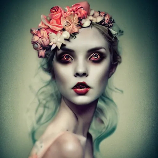 Prompt: of a woman,surreal Portrait inspired by Natalie Shau,Anna Dittman,flower crown,coral dress,horns,cinematic