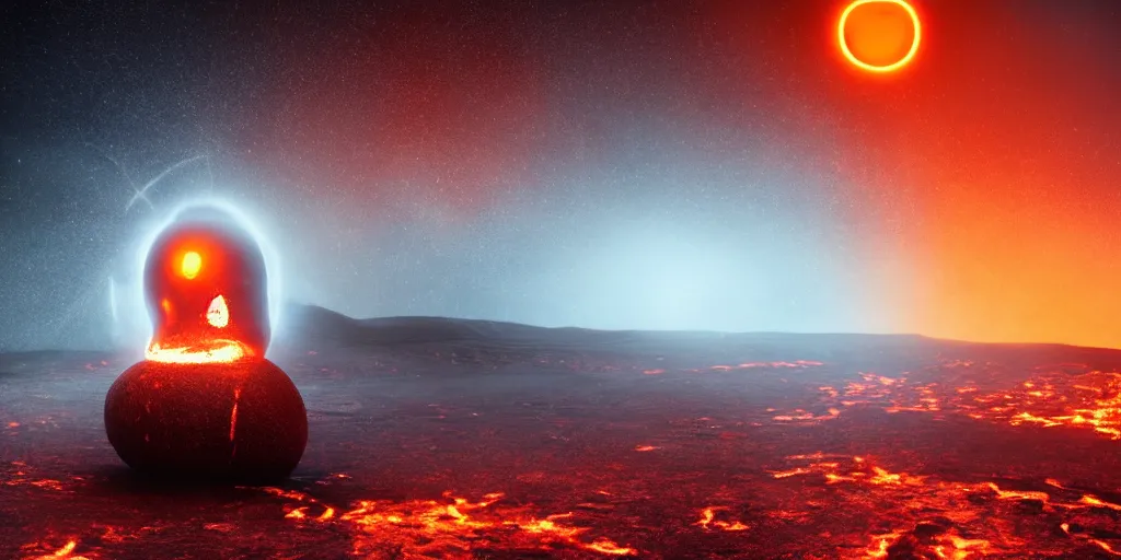 Image similar to a melted glowing snowman melting on top of the sun. the ground is made of fire and lava and is glowing orange. cinematic, dramatic, epic, volumetric lighting, atmospheric, red, orange extremely coherent, masterpiece, highly detailed, trending on artstation, 8 k, space, warm, solar flare, blade runner 2 0 4 9