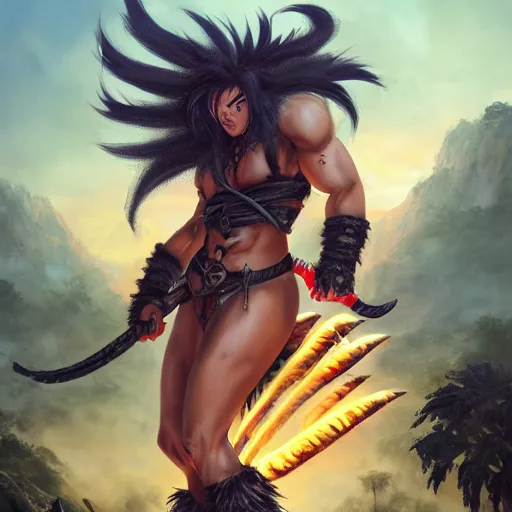 Image similar to barbarian warrior woman with chimera cat tail, cat tail, furry tail, barbarian pelt, cavewoman, black hair, electrified hair, wild spiky black saiyan hair, surrounded by electrical aura, prowling around primeval jungle, palm trees, rocks, mountains, red sky, hyperdetailed, ultra high definition, realism, 4 k, frank frazetta