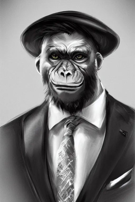Prompt: portrait of a professional monkey!!!!!!! in a suit, ceo, studio lighting, 3 / 4 view, majestic pose, corporate business, trending on artstation, artgerm, cgsociety
