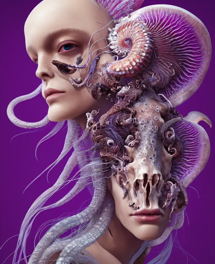 Image similar to goddess princess face close-up portrait ram skull. jellyfish phoenix head, nautilus, orchid, skull, betta fish, bioluminiscent creatures, intricate artwork by Tooth Wu and wlop and beeple. octane render, trending on artstation, greg rutkowski very coherent symmetrical artwork. cinematic, hyper realism, high detail, octane render, 8k