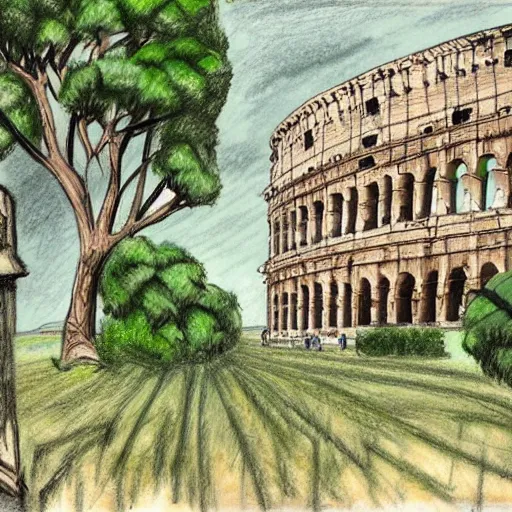 Prompt: a drawing by Ashley Wood of the colosseum of Rome invaded by vegetation, even the surrounding areas of the city are invaded by trees and vegetation, everything seems abandoned, post apocalictic.