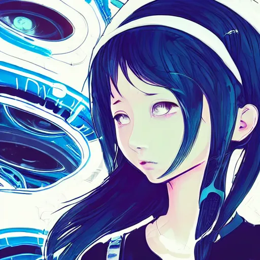 Image similar to Frequency indie album cover, luxury advertisement, blue filter, blue and black colors. Clean and detailed post-cyberpunk sci-fi close-up schoolgirl in asian city in style of cytus and deemo, blue flame, relaxing, calm and mysterious vibes, by Tsutomu Nihei, by Yoshitoshi ABe, by Ilya Kuvshinov, by Greg Tocchini, nier:automata, set in half-life 2, GITS, Blade Runner, Neotokyo Source, Syndicate(2012), dynamic composition, beautiful with eerie vibes, very inspirational, very stylish, with gradients, surrealistic, dystopia, postapocalyptic vibes, depth of field, mist, rich cinematic atmosphere, perfect digital art, mystical journey in strange world, beautiful dramatic dark moody tones and studio lighting, shadows, bastion game, arthouse