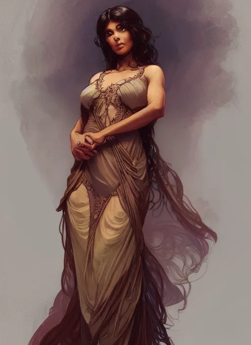 Image similar to cute brown woman wearing a transparent night gown, fantasy, intricate, highly detailed, digital painting, artstation, concept art, wallpaper, smooth, sharp focus, illustration, art by artgerm and greg rutkowski and alphonse mucha