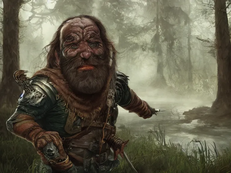 Image similar to Scaredy Cat Dwarf Ranger trips while running through Haunted Swamp, RPG Portrait Reference, Oil Painting, Trending on Artstation, octane render, Insanely Detailed, 8k, HD