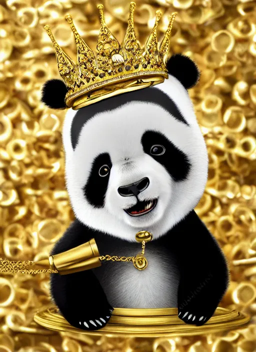 Prompt: photorealistic panda with a gold crown, with a gold necklace, 4k, high fidelity, studio lightning