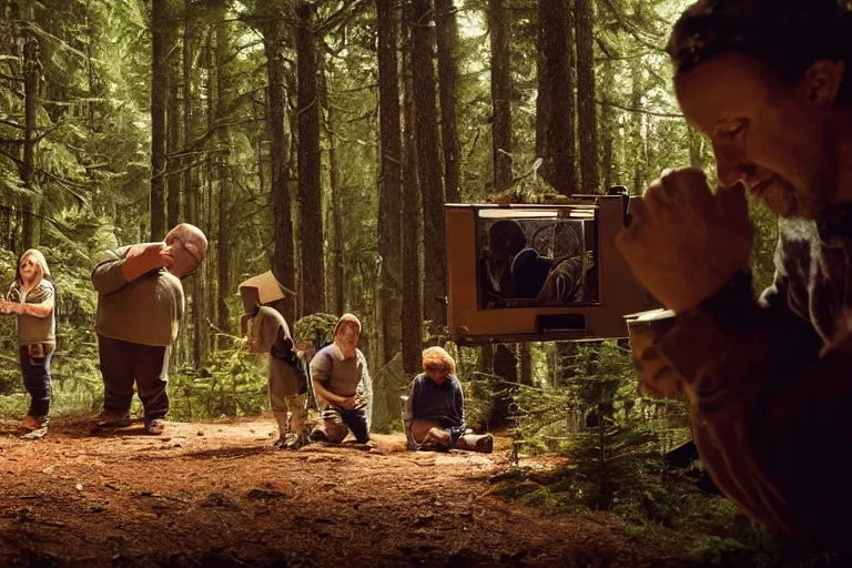 Image similar to movie scene portrait closeup, real life team of chubby elves gnome people building a tiny house in the forest natural lighting by emmanuel lubezki