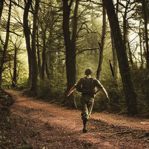 Image similar to a man pursued by armed ww 2 german soldiers in a forest at dusk near a castle