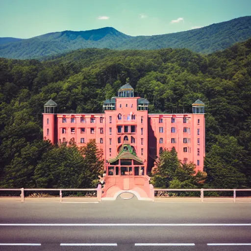 Prompt: Symmetric Wes Anderson film still in the Gatlinburg without people. Establishing shot. Architecture. 8k resolution. Pastel. Sharp. Whimsical. Symmetry. Stunning.