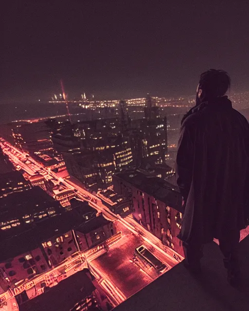 Prompt: a night rooftop scene by Liam Wong, close up shot of a photorealistic gangster wearing a trench coat looking at the city below, dark mood, octane render, unreal engine 5, 4K