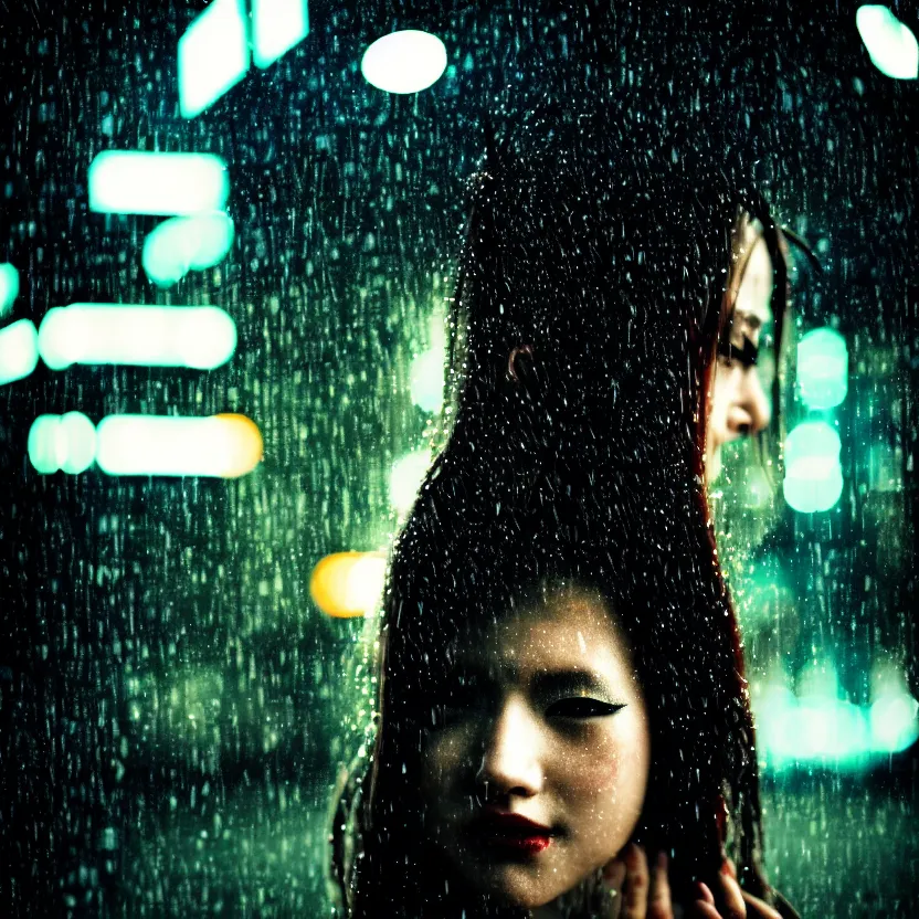 Image similar to a photo close up cyberpunk woman dance in rain, cyberpunk gunma prefecture, midnight, photorealistic, cinematic lighting, highly detailed, bokeh, style by tomino - sama