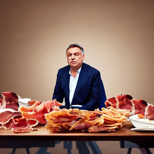 Prompt: portrait of viktor orban proudly sitting behind a table full of bacon