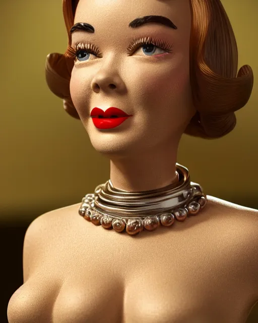 Prompt: highly detailed closeup, face profile portrait of a tin toy retro 1 9 5 0 s shirley maclaine, bikini, depth of field, fashion photoshoot by max fleischer, breathtaking, detailed and intricate environment, 8 k resolution, hyperrealistic, octane render