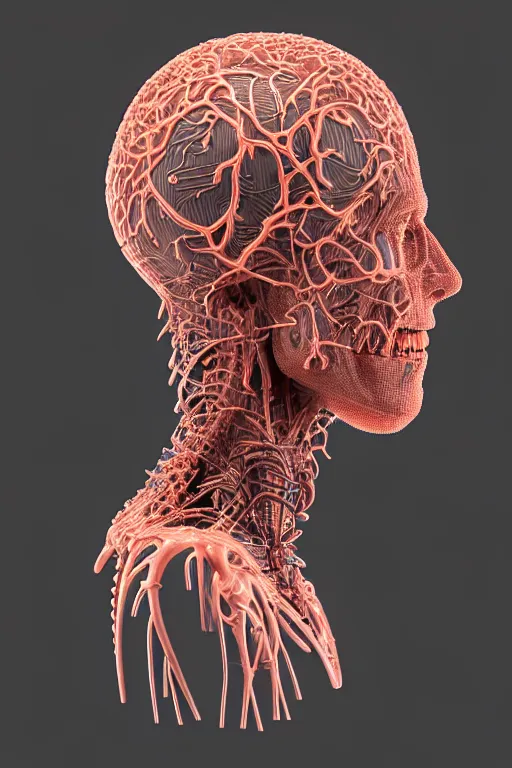 Image similar to 3D render of a rugged profile face portrait of a male cyborg, 150 mm, capacitors, Mandelbrot fractal, anatomical, flesh, facial muscles, neon wires, microchip, veins, arteries, full frame, microscopic, elegant, highly detailed, flesh ornate, elegant, high fashion, rim light, octane render in the style of H.R. Giger and Bouguereau