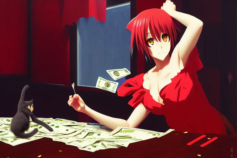 Prompt: anime key visual of anime cat girl losing all of her money on the stock market, panic red, style of jamie wyeth james gilleard edward hopper greg rutkowski acrylic painting, preserved museum piece, historical