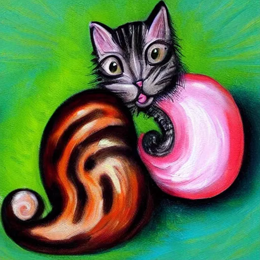 Image similar to a beautiful painting of a cute cat kiss a lovely snail
