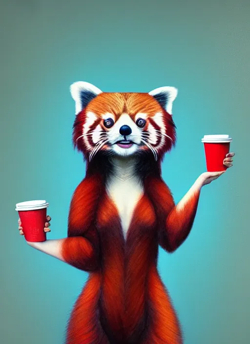 Image similar to red panda, paper cup, red hair young pale girl, fantasy, surreal, highly detailed, digital painting, artstation, concept art, illustration, art by patrick james woodroffe