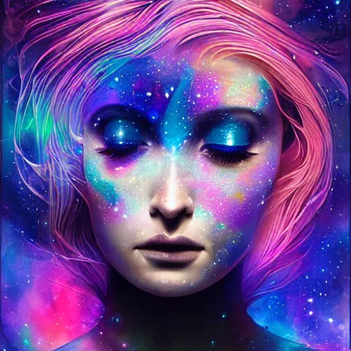 Image similar to a galaxy pink purple and blue colored psychedelic chakra awakening kundalini ethereal portrait of kim petras with her eyes closed transcending to a higher plane of existence, eternal blessing, multiverse, by android jones, by ben ridgeway, visionary art, by artgerm, featured on artstation, cgsociety, by greg rutkowski