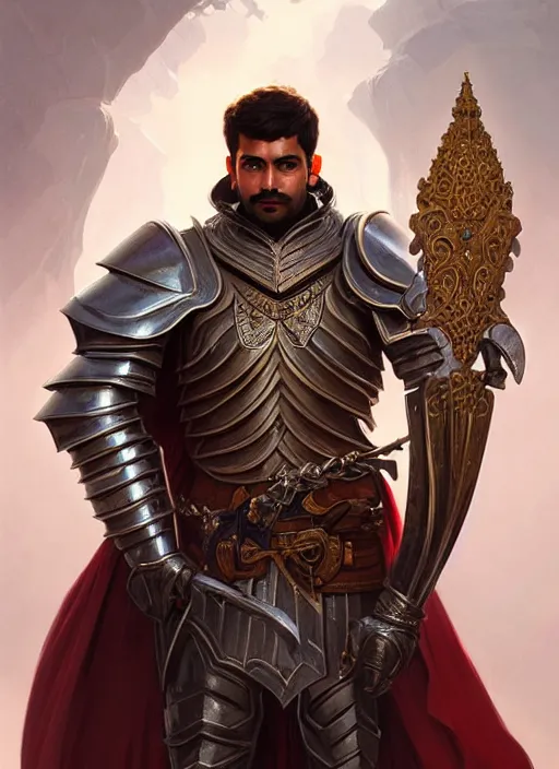 Prompt: portrait of rahul kohlil, knight, d & d, muscular! fantasy, armour, intricate, elegant, highly detailed, digital painting, artstation, concept art, smooth, sharp focus, illustration, art by artgerm and greg rutkowski and alphonse mucha