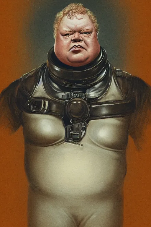 Image similar to daguerreotype of upper body portrait of baron harkonnen wearing leather spacesuit, detailed, illustration by normal rockwell, artstation character art, greg rutkowski