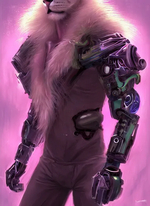 Prompt: esthetic portrait commission of a of a male muscular cyborg anthro albino lion with a neon metal tail and a cute beautiful attractive detailed furry face wearing stylish cyberpunk unkempt wired clothes in a cyberpunk city at sunset while it rains heavily. Character design by charlie bowater, ross tran, artgerm, and makoto shinkai, detailed, inked, western comic book art, 2021 award winning painting