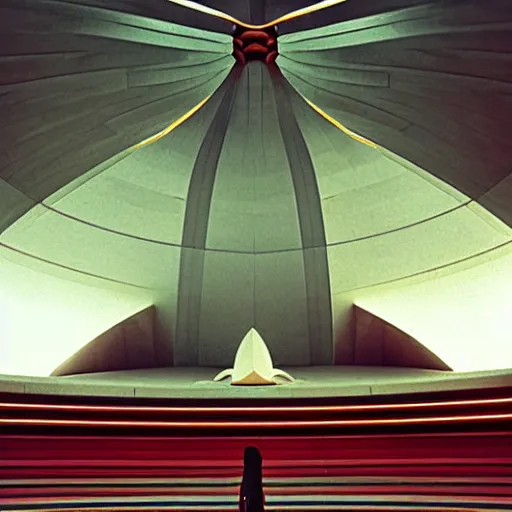 Image similar to interior of a futuristic lotus temple with gold, red and white marble panels, in the desert, by buckminster fuller and syd mead, intricate contemporary architecture, photo journalism, photography, cinematic, national geographic photoshoot