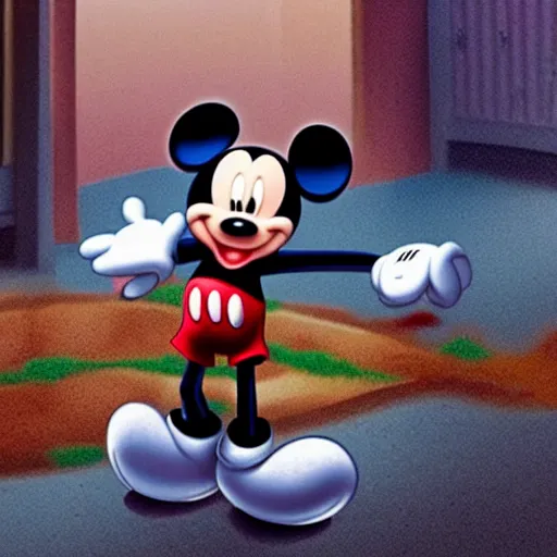 Prompt: Mickey Mouse coming to collect a debt, screenshot from a horror movie