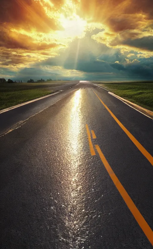 Image similar to textless paperback book cover. pure colors, melting clouds, accurately drawn details, a sunburst above a receding road with the light reflected in furrows and ruts, after rain. photorealistic. octane render. cinematic. trending on artstation. textless.