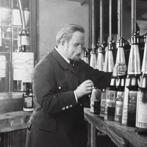 Prompt: a man in a uniform observing the sealing of a number of important looking bottles of spirits