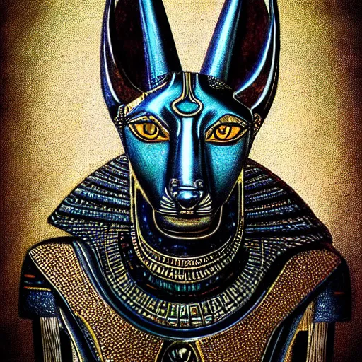 Image similar to “ detailed futuristic portrait of egyptian god anubis, cybernetics, realistic, mystical ”