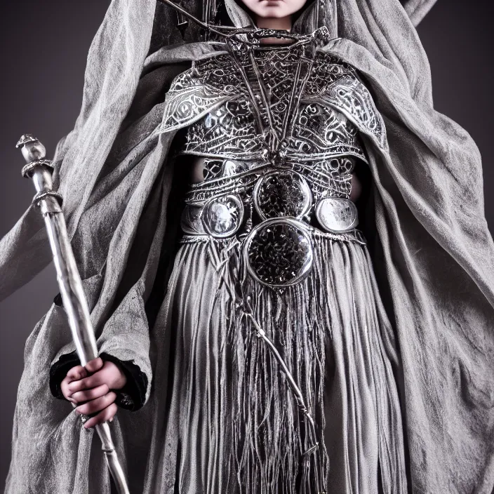 Image similar to photograph of a real-life beautiful lunar witch with intricate silver robes and staff. Extremely detailed. 8k