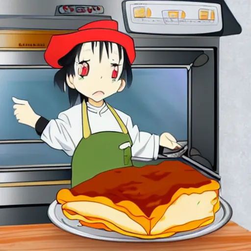 Image similar to anime cute platypus on a kitchen wearing a chef hat and holding a lasagna into an oven, anime style