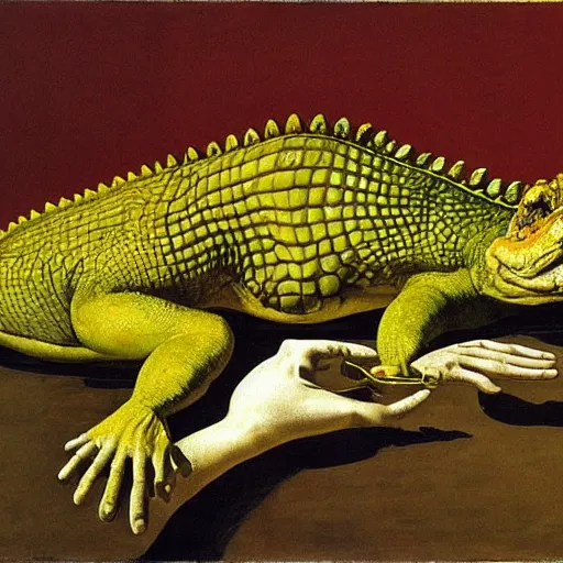 Image similar to crocodile, by francis bacon, by lucian Freud