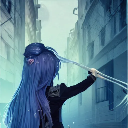 Image similar to low - angle shot from behind of a long blue - haired girl in a tailcoat overlooking demacia, combat boots, noir, screenshot, sharp focus, intricate, illustration, cell shaded, digital painting, highly detailed, straight hair, art by ilya kuvshinov, wlop, greg rutkowski, studio quality, james jean
