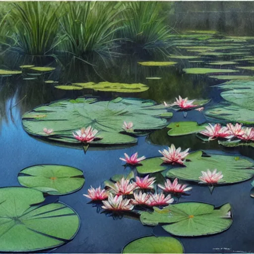 Prompt: Water Lillies in Pond, Watercolor, photorealistic, high resolution, award winning, trending on artstation, intricate, elegant, highly detailed, digital painting, artstation, concept art, smooth, sharp focus, illustration, art by artgerm and greg rutkowski and alphonse mucha