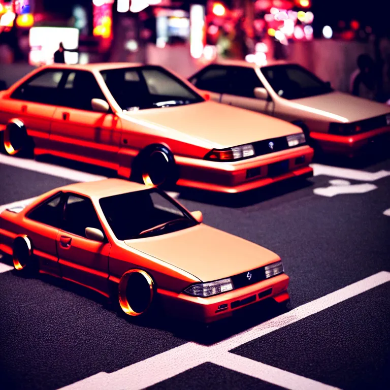 Prompt: close-up-photo Nissan Cefiro turbo illegal roadside meet photos, work-wheels, Shibuya Shibuya, cinematic colors, photorealistic, highly detailed, night photography