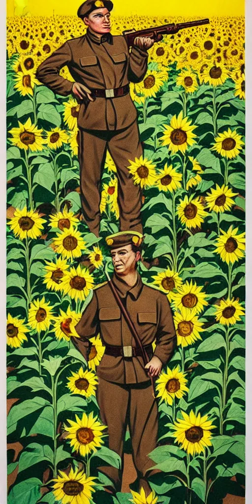 Prompt: Communist Propaganda Poster of a soldier in a sunflower field.