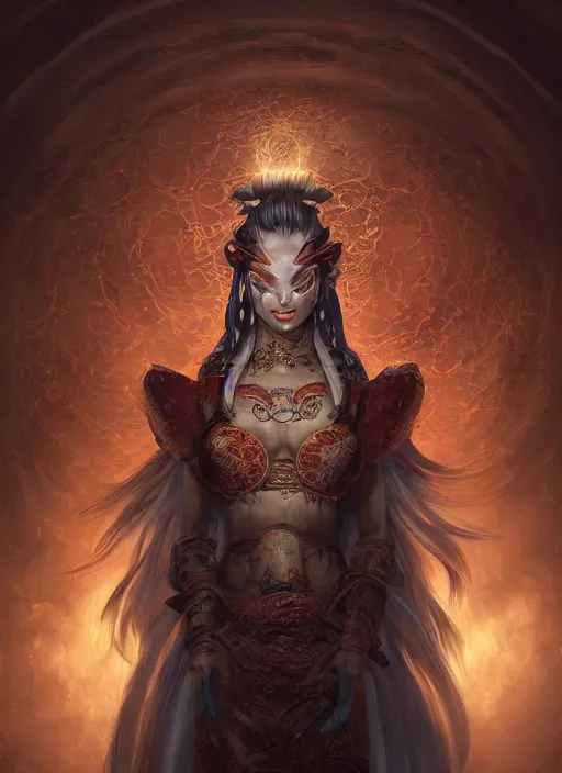 Prompt: a beautiful detailed oil on copper art illustration of a hyittoko mask shogun dragon woman, centered, by charlie bowater, zeng fanzh, trending on artstation, dim dusk lighting, cinematic lighting, detailed lighting, volumetric lighting, realistic, f 8, 4 k hd wallpaper