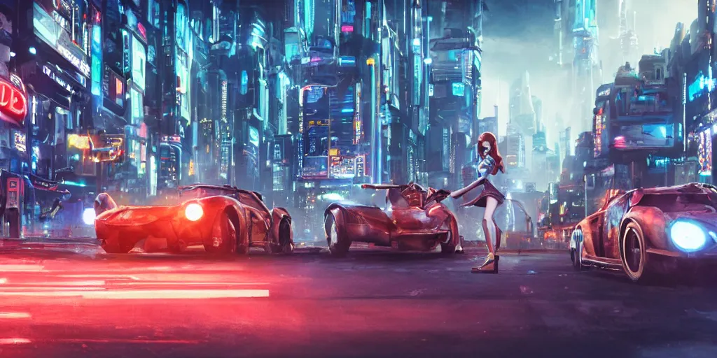 Fashion cyberpunk girl drive a supercar asian woman with future