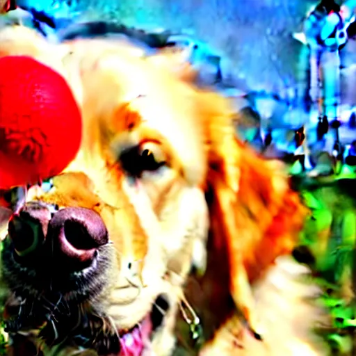 Prompt: photo of profile of cute golden retriever dog head with red rubber ball body