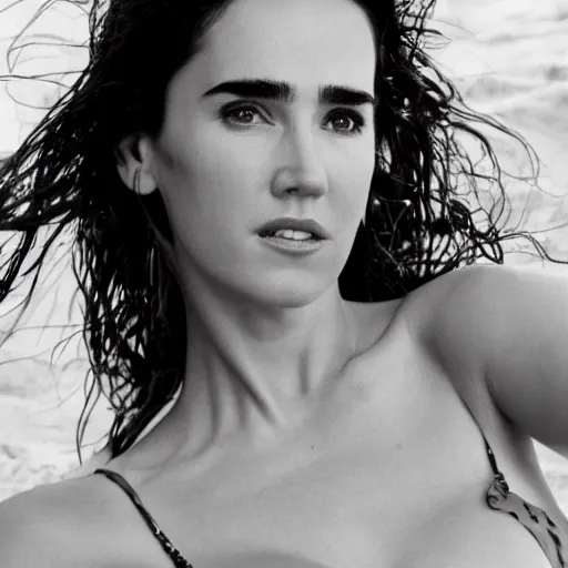 Image similar to Portrait Photography, medium closeup of young jennifer connelly poses in 2 Piece Mini Micro Push Up Swimsuits at summer beach, confident pose, fierce expression, intricate details, detailed face, detailed illustration, impressive lighting, symmetrical features, ultra detailed, 12 megapixels