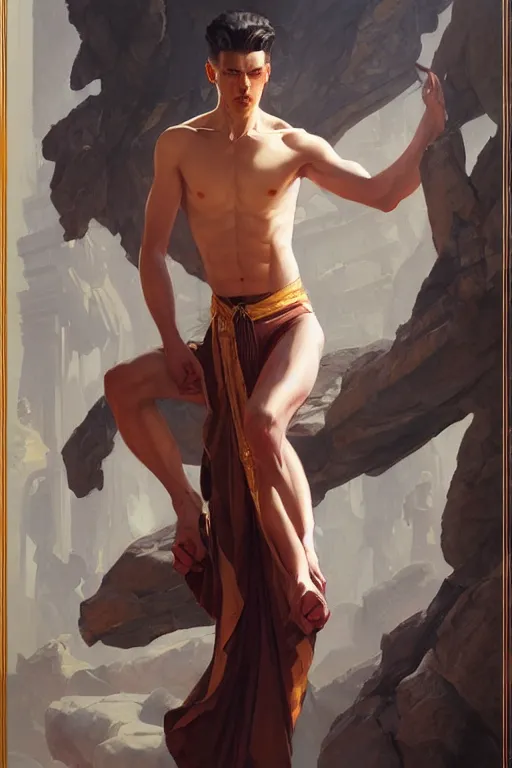 Image similar to male, temple, taoism, painting by greg rutkowski, j. c. leyendecker, artgerm