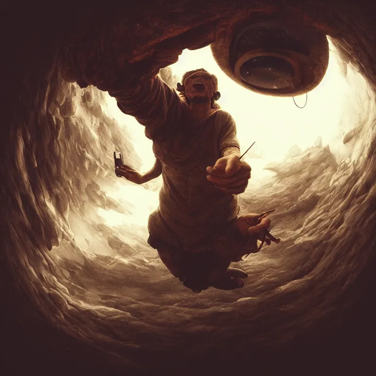 Image similar to selfie gopro footage, fisheye, man escaping hell, portrait painting, perfect composition, beautiful detailed intricate octane render, artstation, 8 k, photorealistic, volumetric cinematic light, chiaroscuro, masterpiece, raphael, bosch, caravaggio, beksinski, giger